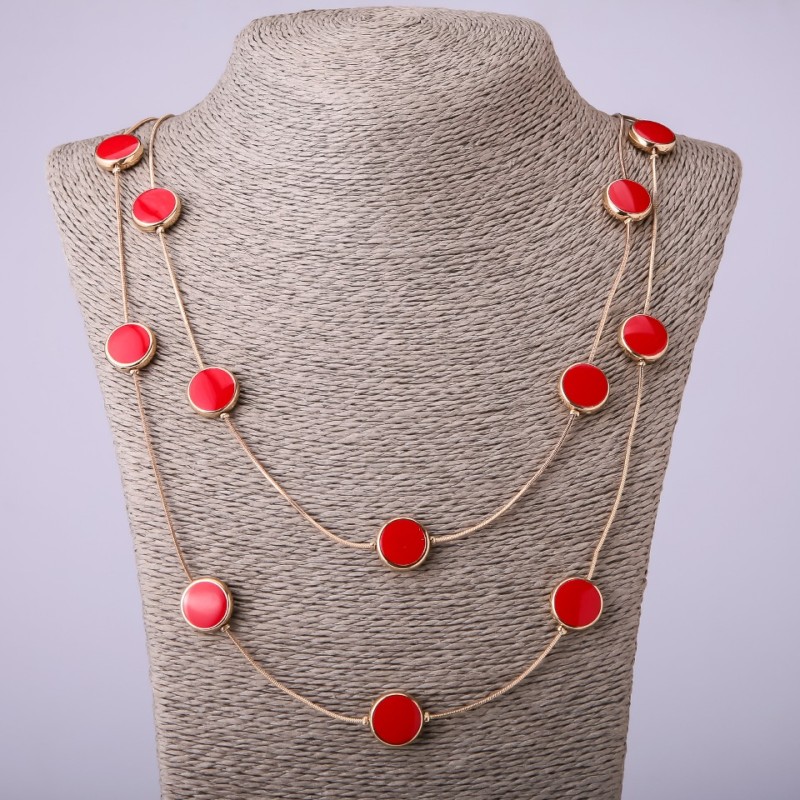 Necklace on Long Chains Red Coin, length 66-70cm