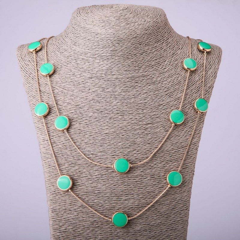 Necklace on Long Chains Green "Coin", length 66-70cm