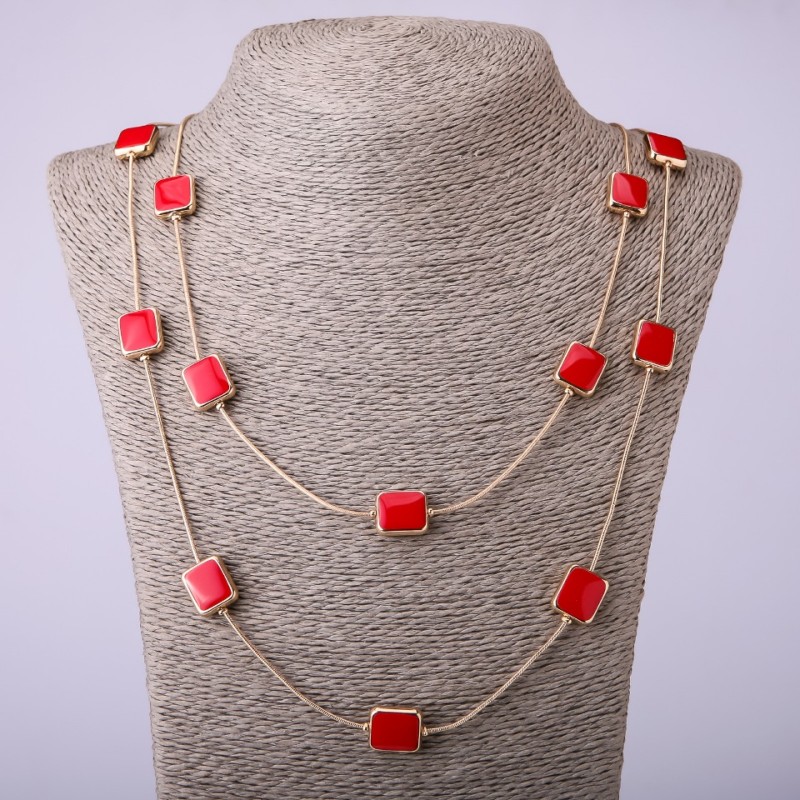 Necklace on Long Chains Red Square, length 66-70cm