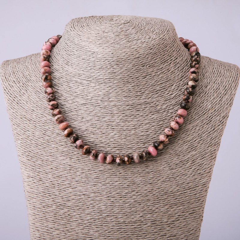 Necklace of Natural Stone, Synthetic Rhodonite Rondelle, diameter 8x5mm, length cm