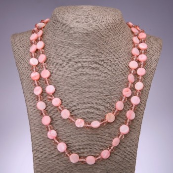 Long Pink Mother-of-Pearl Coin Necklace, 120cm