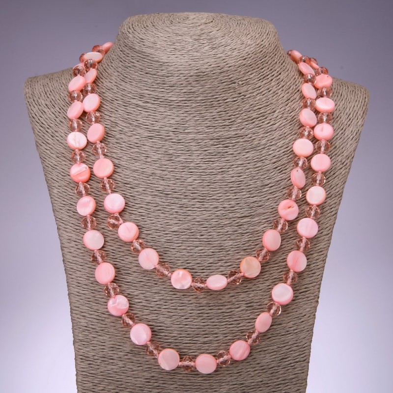 Long Pink Mother-of-Pearl Coin Necklace, 120cm