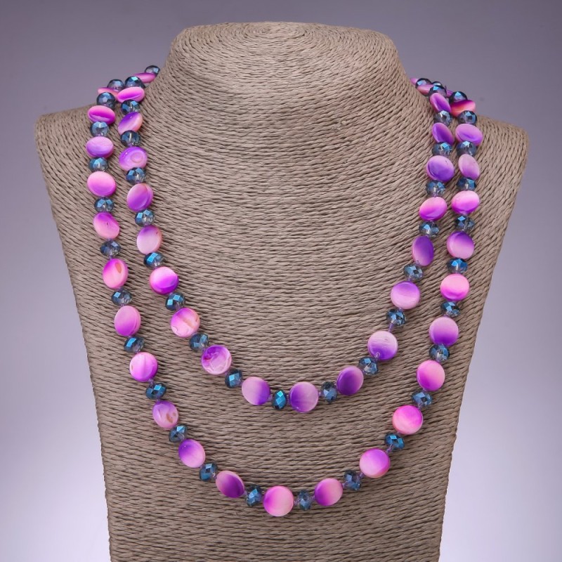 Long Purple and Pink Mother-of-Pearl Coin Necklace, 12mm Diameter, 120cm