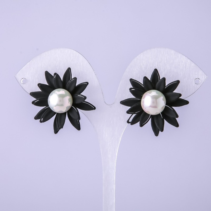 Black Flower Stud Earrings, 28mm Diameter