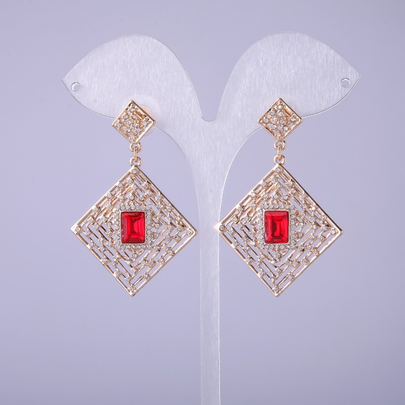 Rhombus-Style Earrings with Red Crystals, 50mm Length