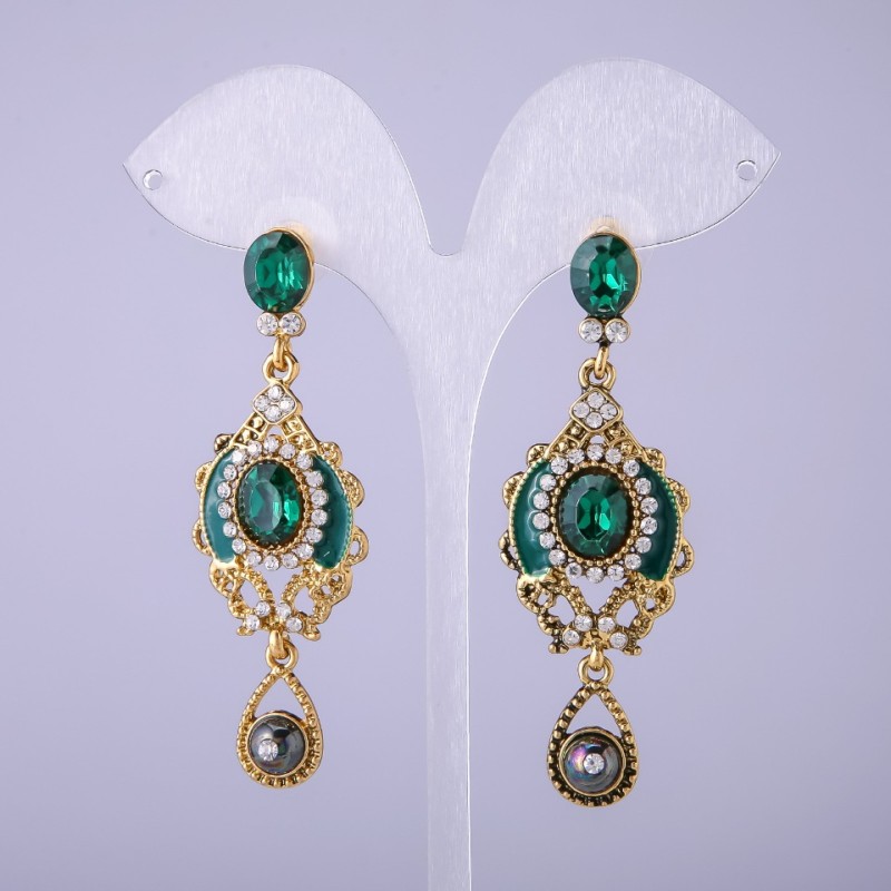 Oriental-Style Earrings with Green Crystals, 65mm Length