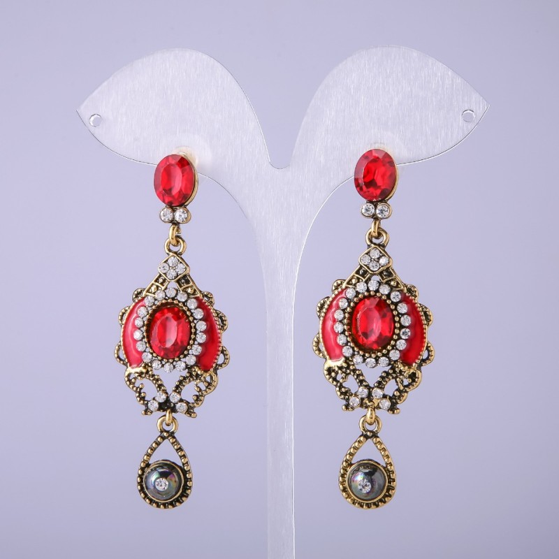 Oriental-Style Earrings with Red Crystals, 65mm Length