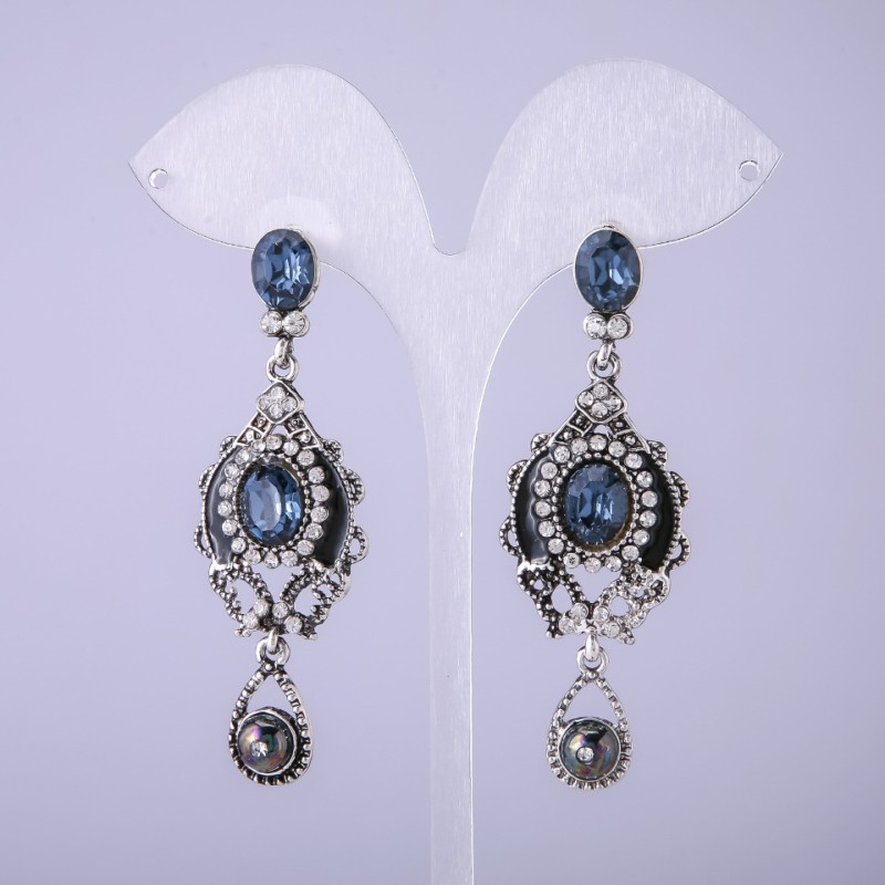 Oriental-Style Earrings with Blue Crystals, 65mm Length