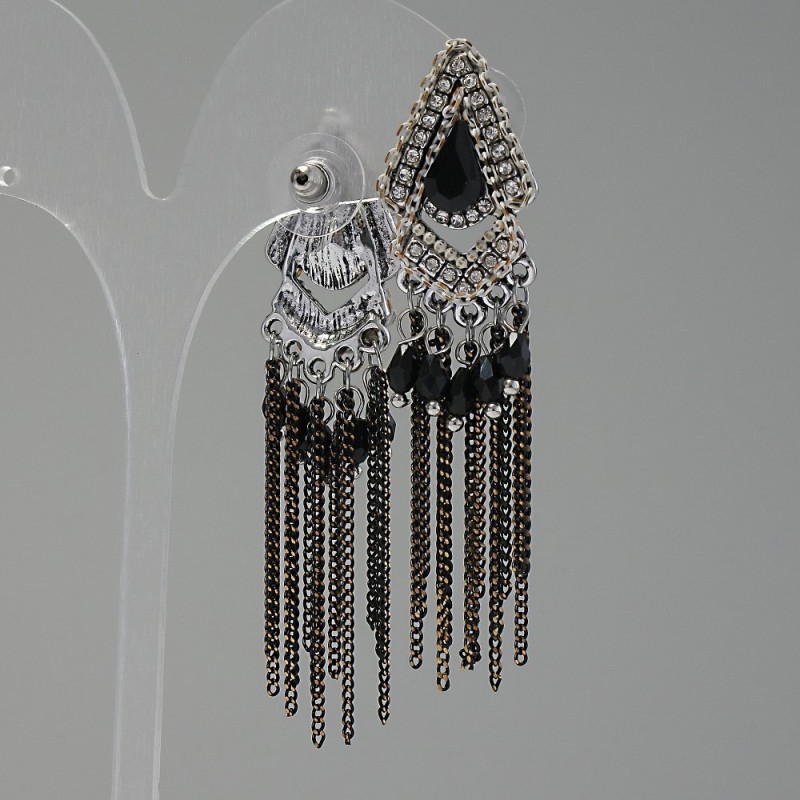 Oriental-Style Earrings with Black Crystals, 70mm Length