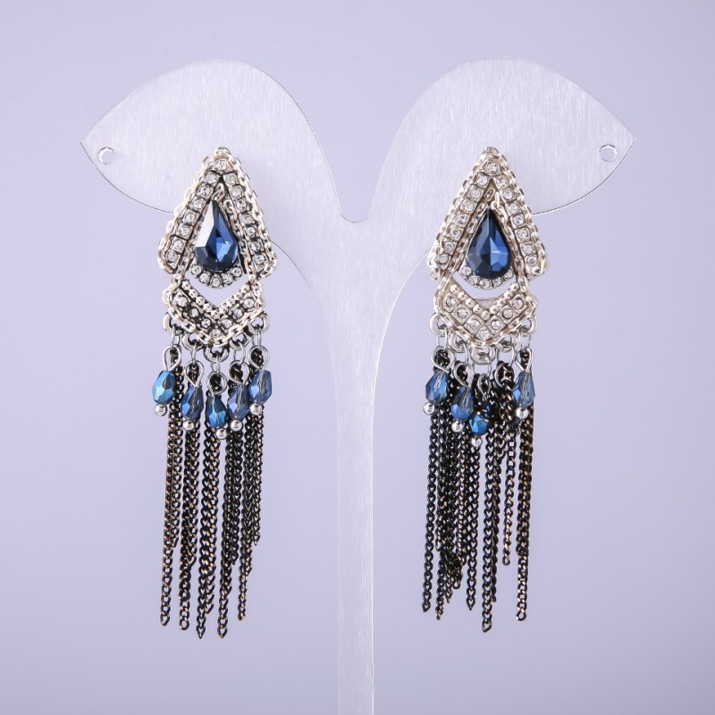 Oriental-Style Earrings with Blue Crystals, 70mm Length