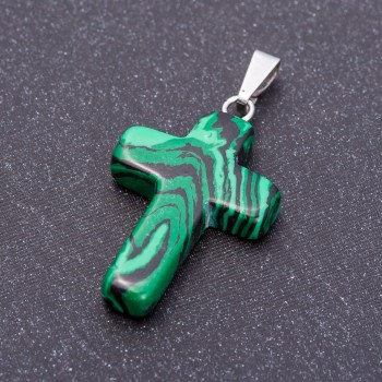 Cross Pendant, Malachite Stone (Pressed) 18x27mm
