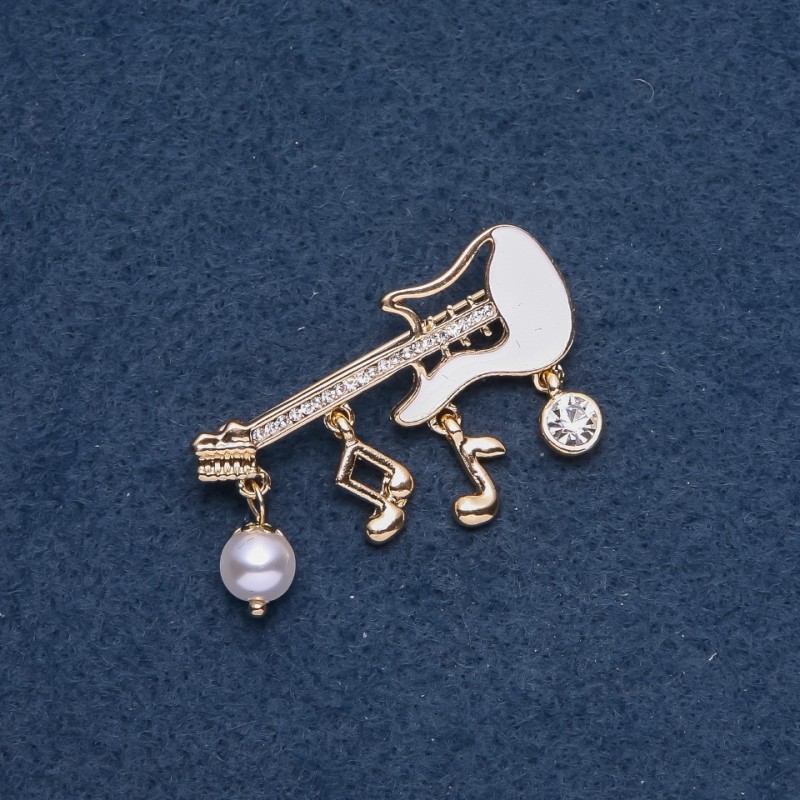 Musical Brooch "Guitar with Charms" 45x16mm, metal color "gold"