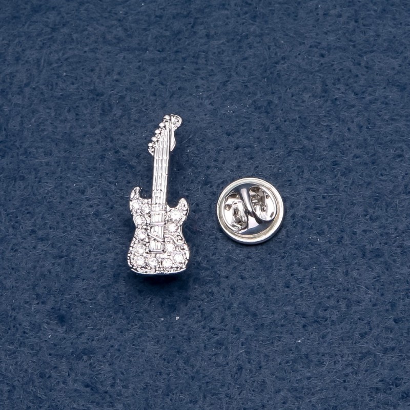 Musical Brooch "Mini Guitar" Pin Back, 10x28mm, Silver Metal
