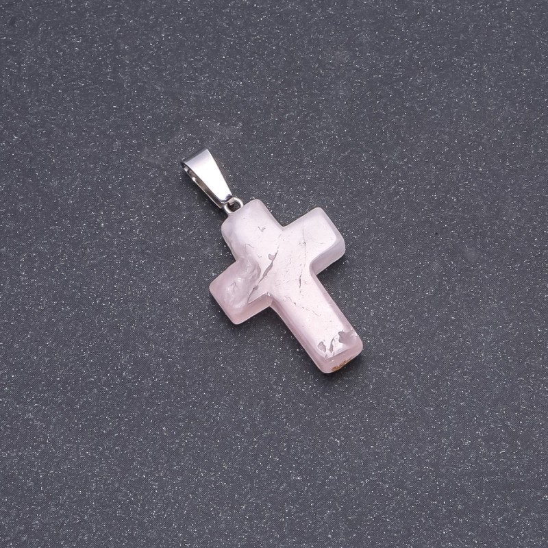 Pendant Cross, Pink Quartz Stone 25x18mm