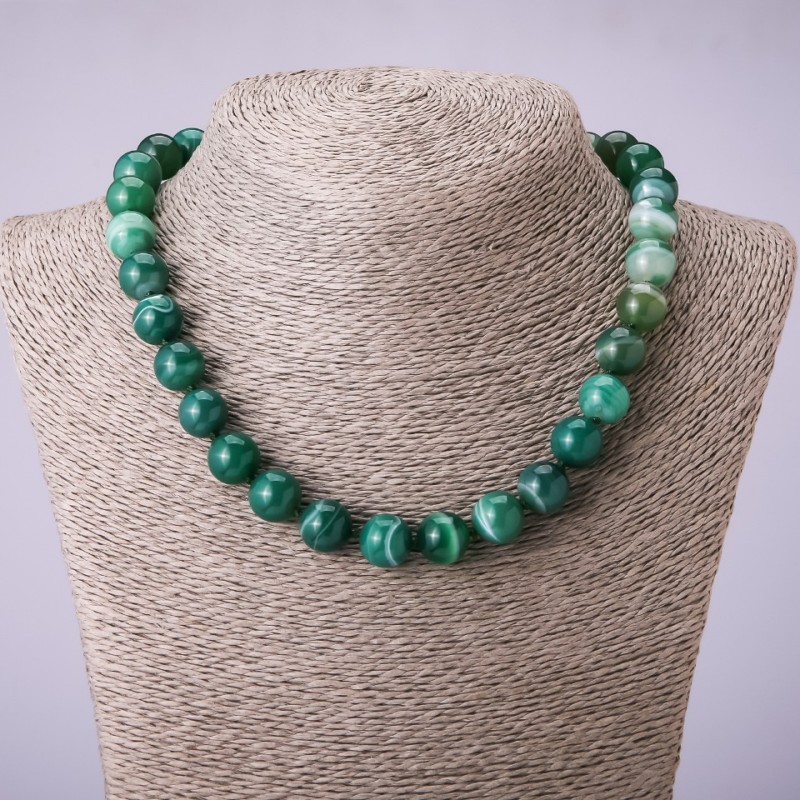 Eye Agate Necklace, green smooth round beads, diameter 12mm+/-, length 45cm+