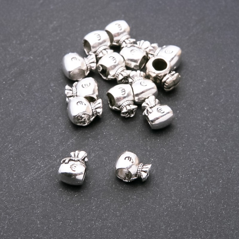 Pandora-Style Euro Money Bag Bead Charm, diameter 10x8mm, hole diameter 4.8mm, pack 20g +/- 9 pcs
