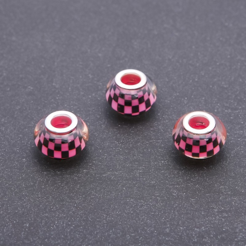 Pandora-Style Pink "Checkerboard" Plastic Bead, diameter 13mm, hole diameter 5mm, pack of 11pcs