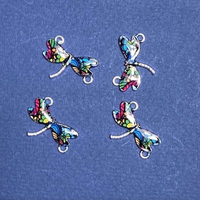 Dragonfly Connector Finding, Colorful Print Enamel, 22x16mm, Pack of 4
