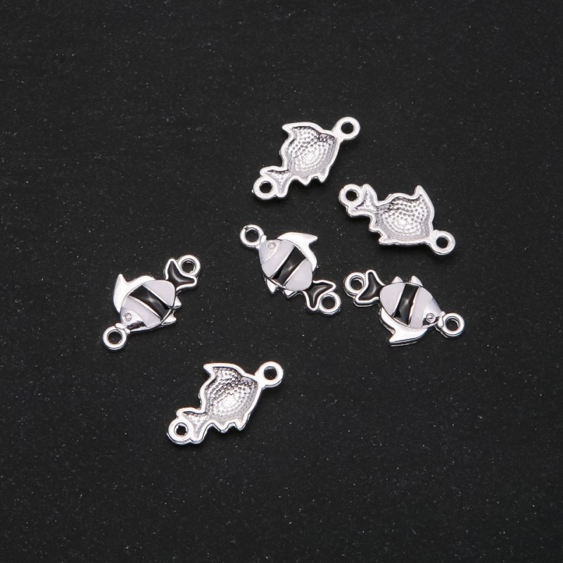 Fish Connector Finding, Black Enamel, 22x13mm, Pack of 6, Gray Metal