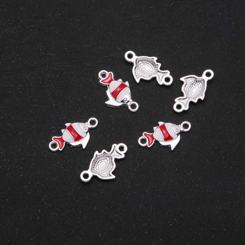 Fish Connector Finding, Red Enamel, 22x13mm, Pack of 6, Gray Metal