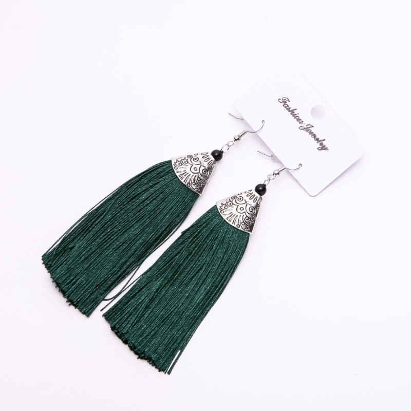 Almina Tassel Earrings, Dark Green, 10cm