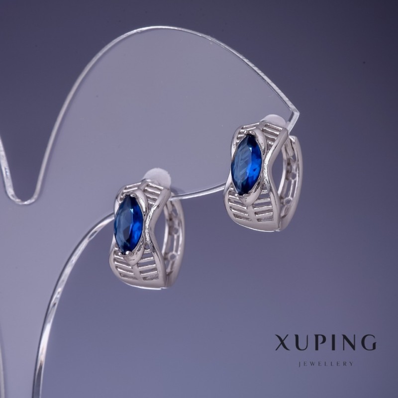Xuping Earrings with Blue Crystals 7x14mm Rhodium