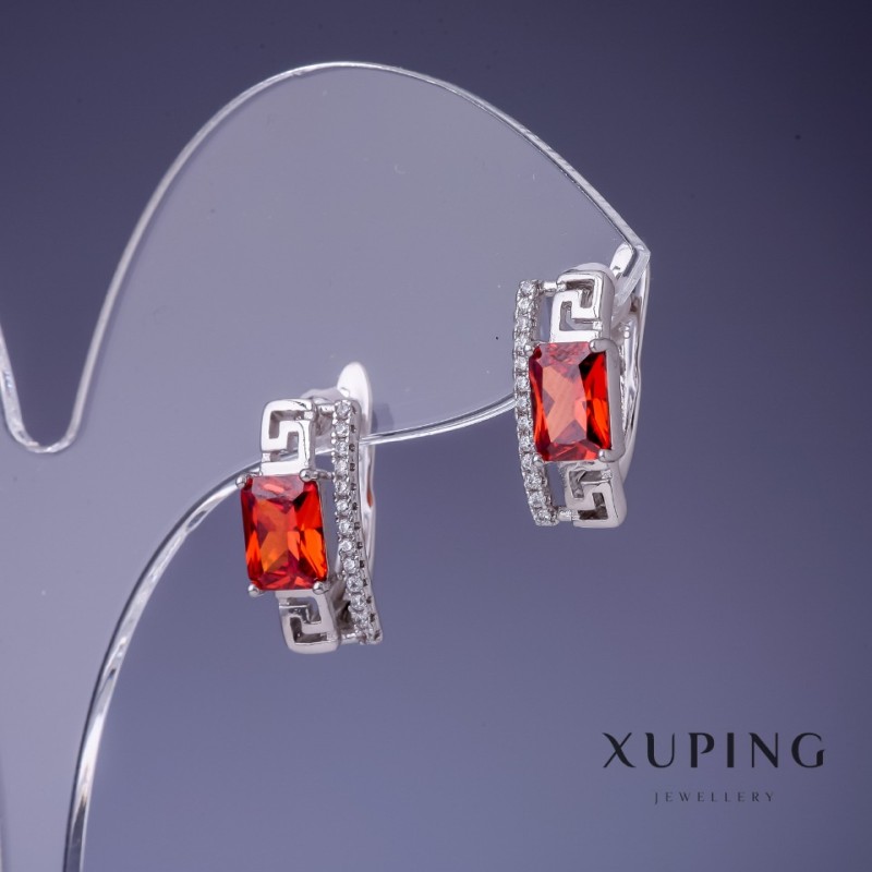 Xuping Earrings with Red Crystals 8x15mm Rhodium