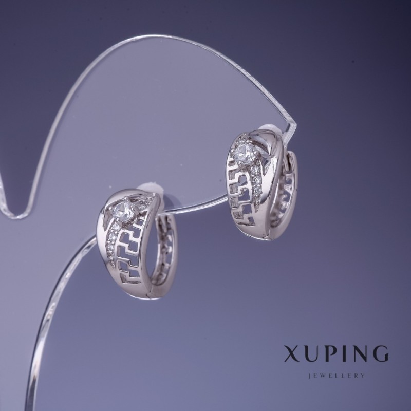 Xuping Earrings Greek Pattern 7x14mm Rhodium with White Rhinestones