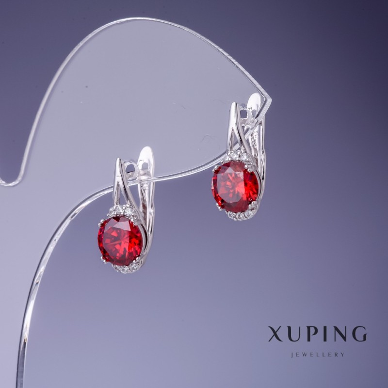 Xuping Earrings with Red Crystals 16x8mm Rhodium