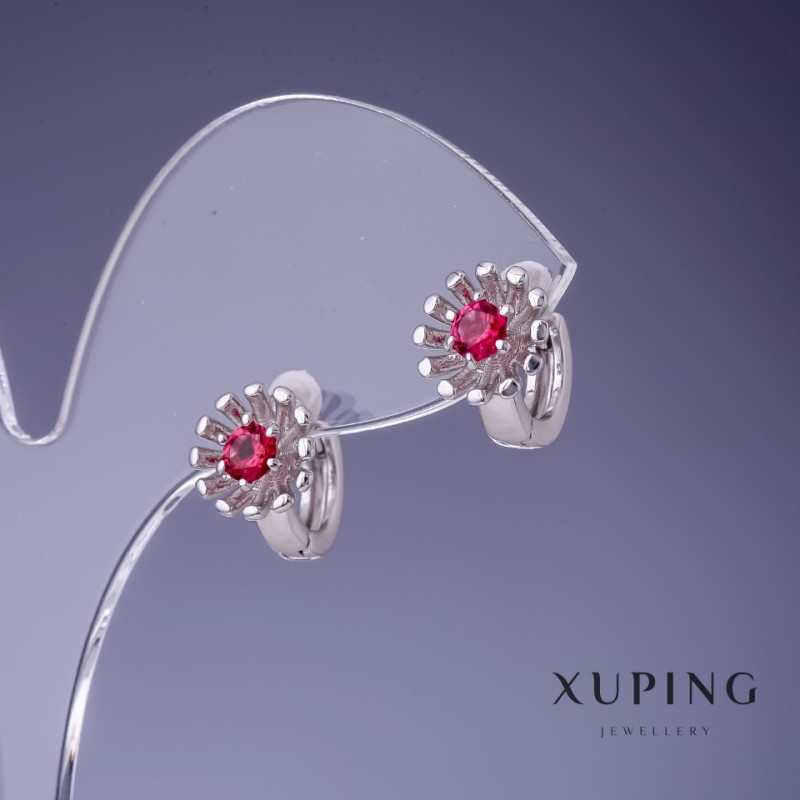 Xuping Flower Earrings with Raspberry Crystals 12x9mm Rhodium