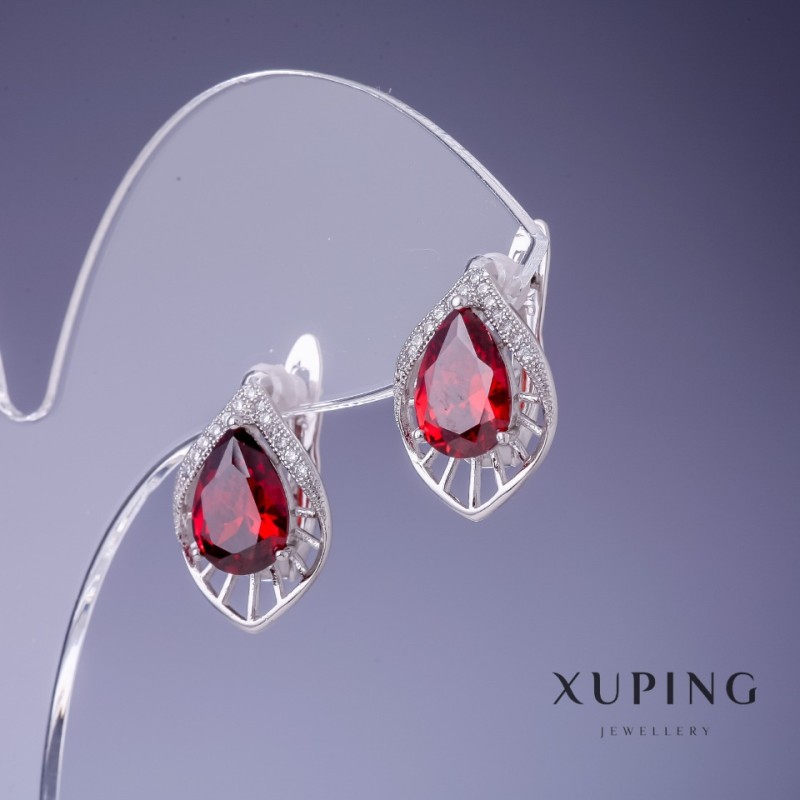 Xuping Earrings with Red Crystals 17x12mm Rhodium