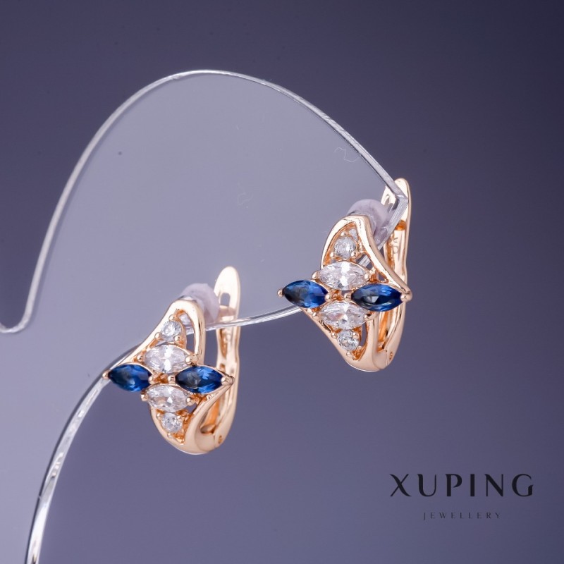 Xuping Earrings with White and Blue Stones 14x13mm "18K Gold Plated"