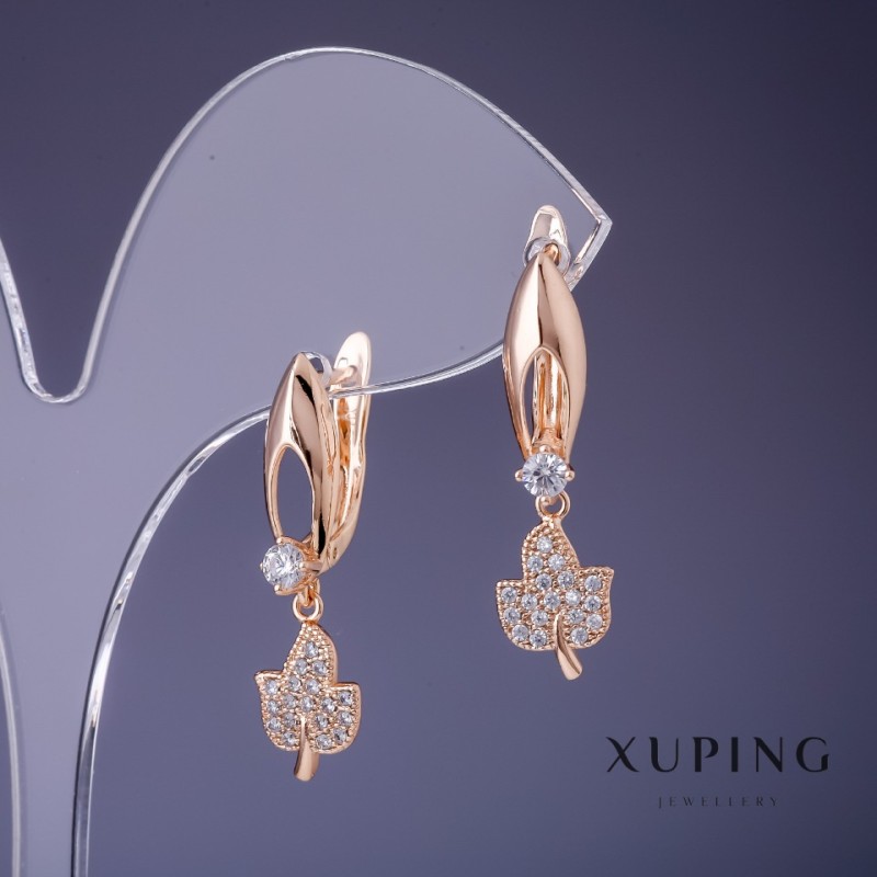 Xuping Leaf Earrings with White Rhinestones 25x5mm "18K Gold Plated"