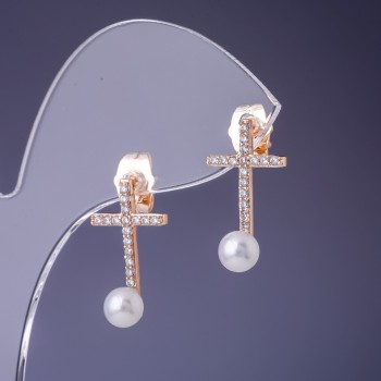 Xuping Cross Earrings with Majorca Pearls 20x12mm "18K Gold Plated"