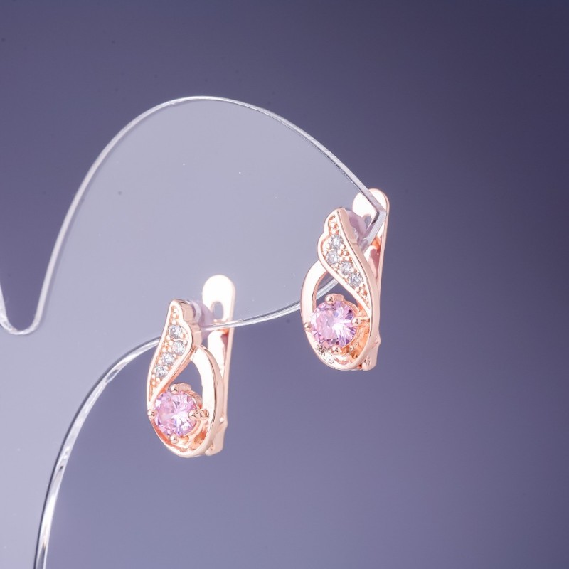 Pink Crystal Earrings 16x7mm Gold-Tone Metal