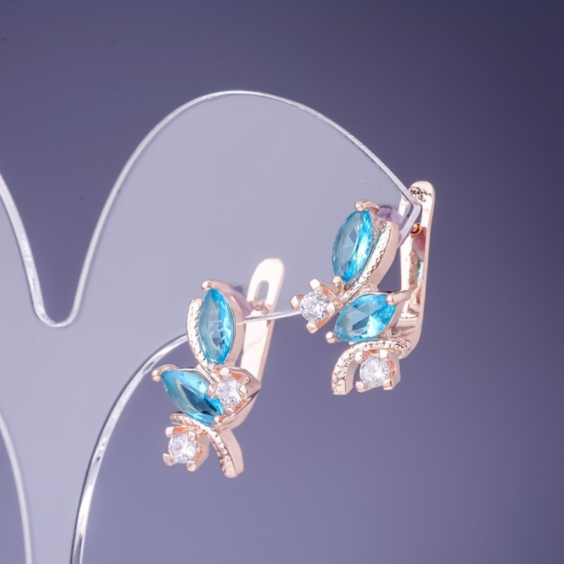 Earrings with Light Blue Crystals 19x12mm, Gold-Tone Metal
