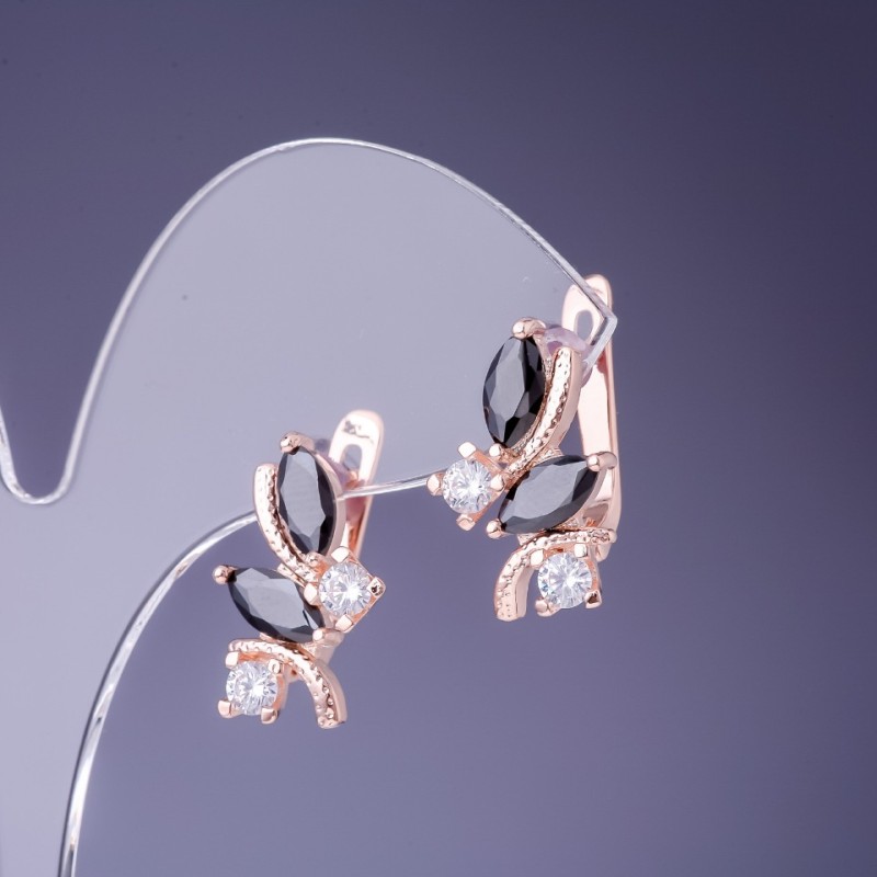 Earrings with Black Crystals 19x12mm, Gold-Tone Metal
