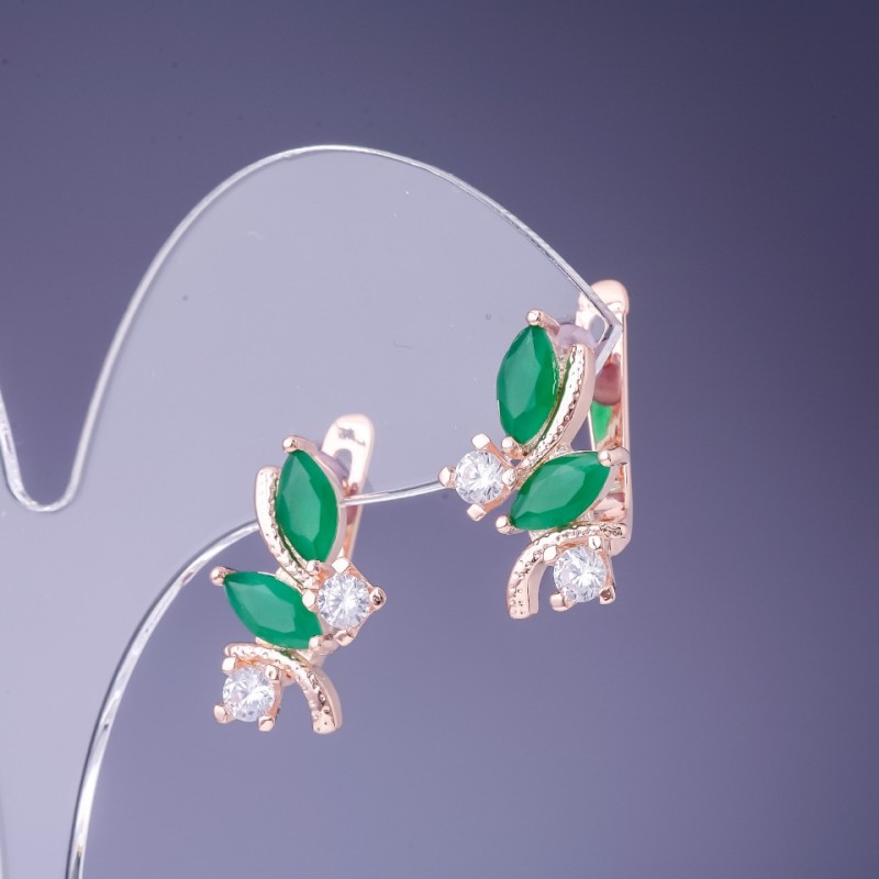 Earrings with Green Crystals 19x12mm, Gold-Tone Metal