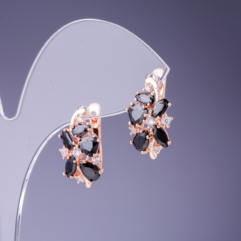 Earrings with Black Crystals 19x10mm, Gold-Tone Metal
