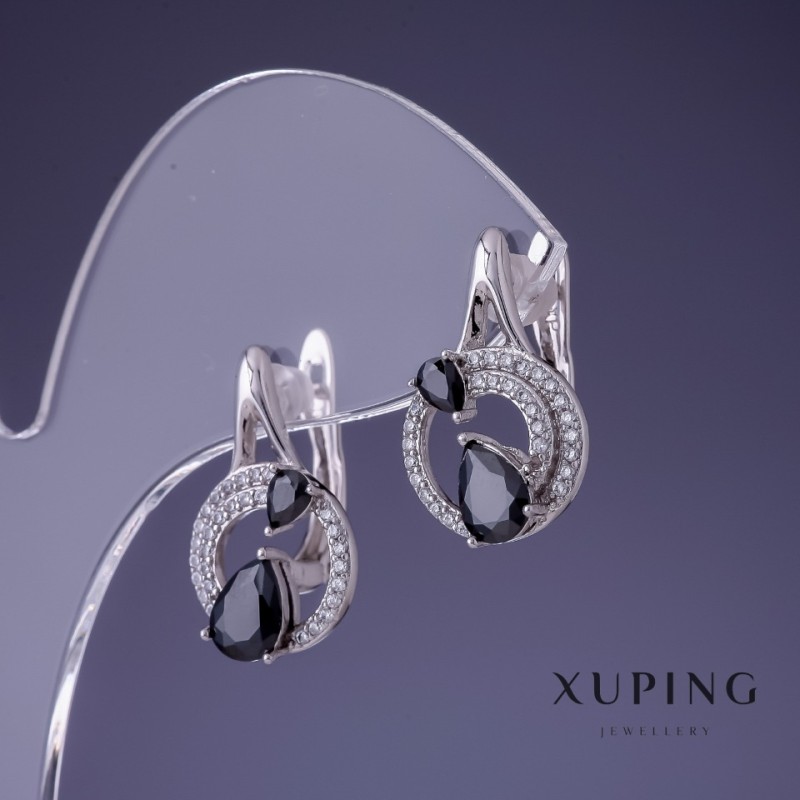 Xuping Earrings 20x12mm Rhodium with Black Stone