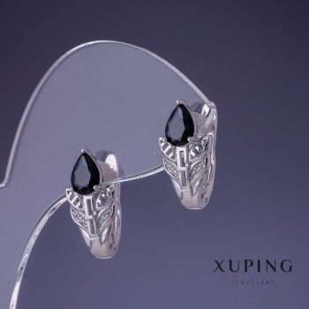 Xuping Earrings 17x10mm Rhodium with Black Stone