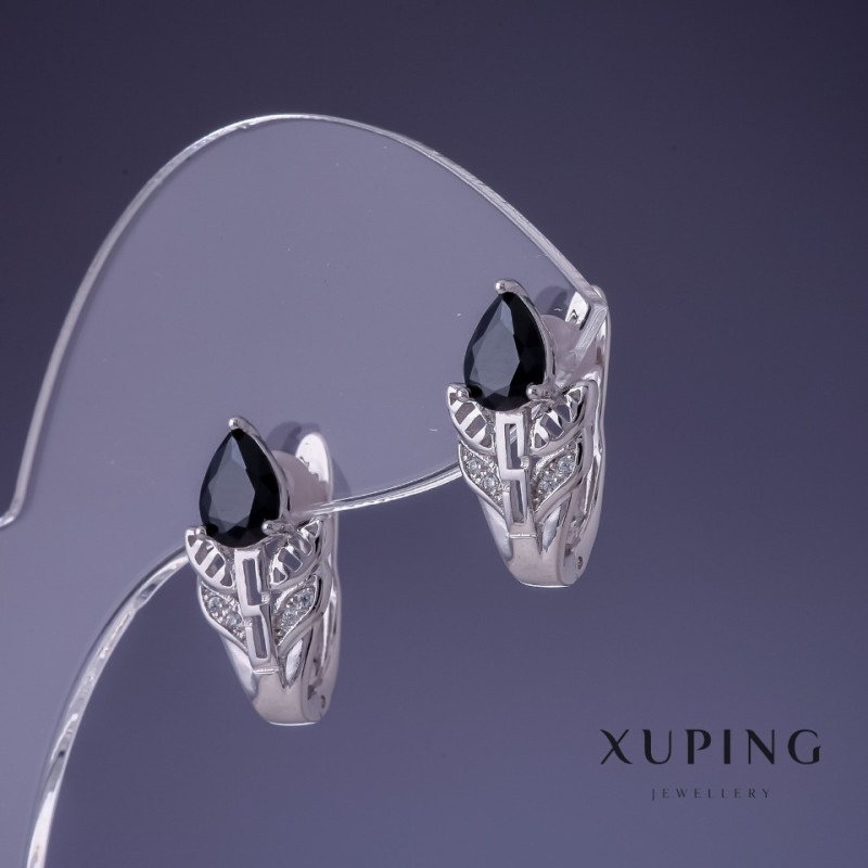 Xuping Earrings 17x10mm Rhodium with Black Stone