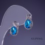 Xuping Earrings, Blue Topaz Zircon, 17x10mm Rhodium