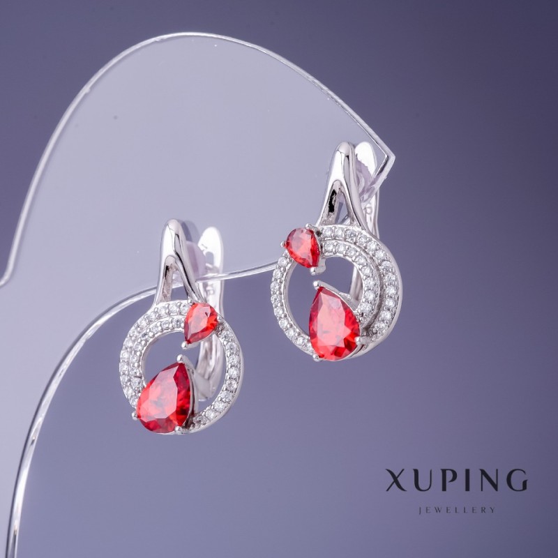 Xuping Earrings 13x21mm Rhodium with Red Stone