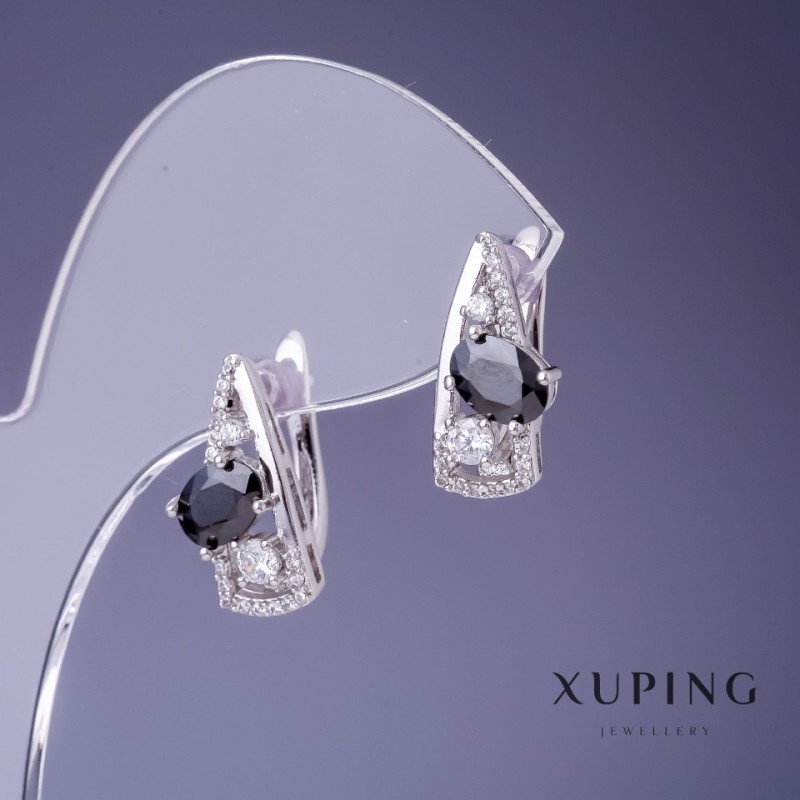 Xuping Earrings 17x8mm Rhodium with Black Stone