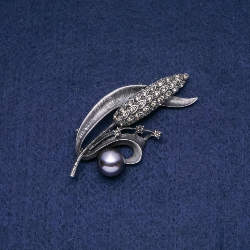Sale! Wheat Ear Brooch Pendant with Black Pearls "Majorca" 68x30mm