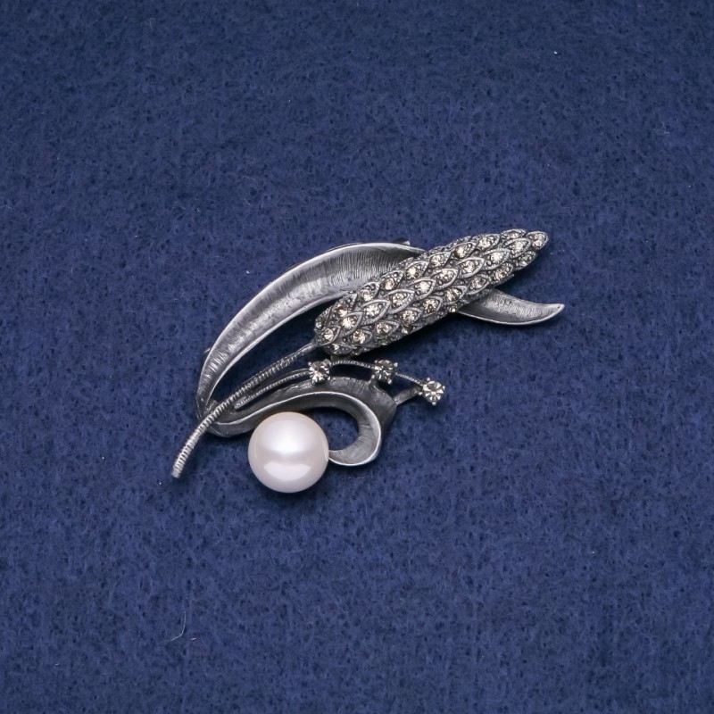 Sale! Wheat Ear Brooch Pendant with White Pearls "Majorca" 68x30mm