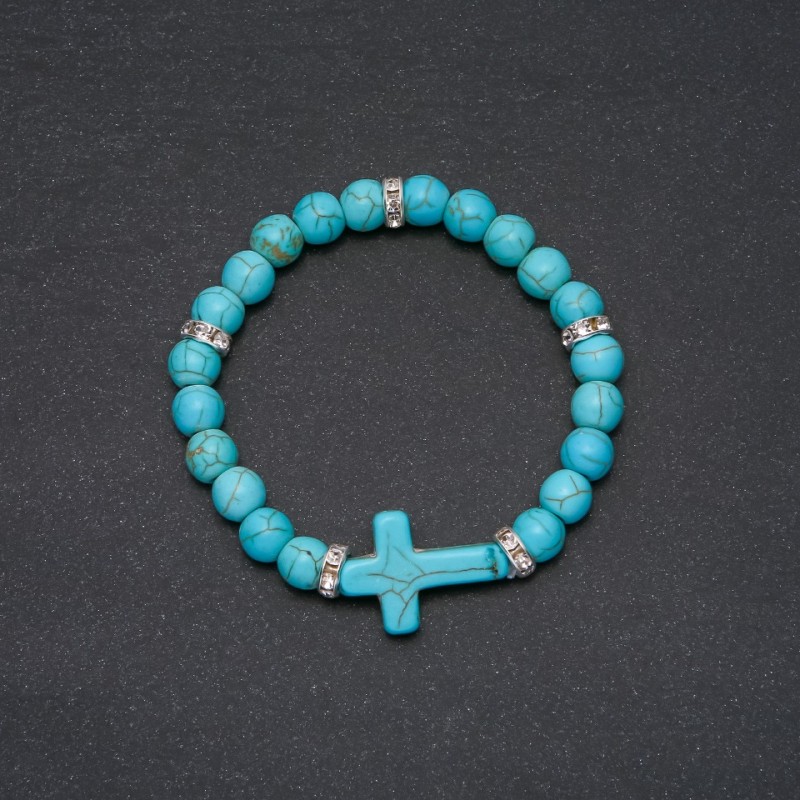 Turquoise Bracelet, 8mm+/- Diameter, Cross Insert 24x18mm+/-, 18cm Circumference, Elastic