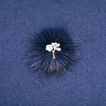 Mink Fur Brooch Blue with Flower, Diameter 50mm