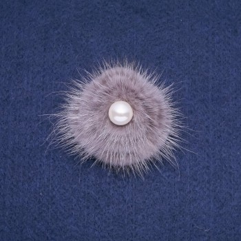 Mink Fur Brooch Gray with Bead, Diameter 50mm